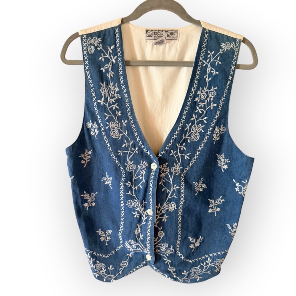 Vintage 90s Floral Embroidered Jean Vest M Cottagecore Western Cowboy Tie Back